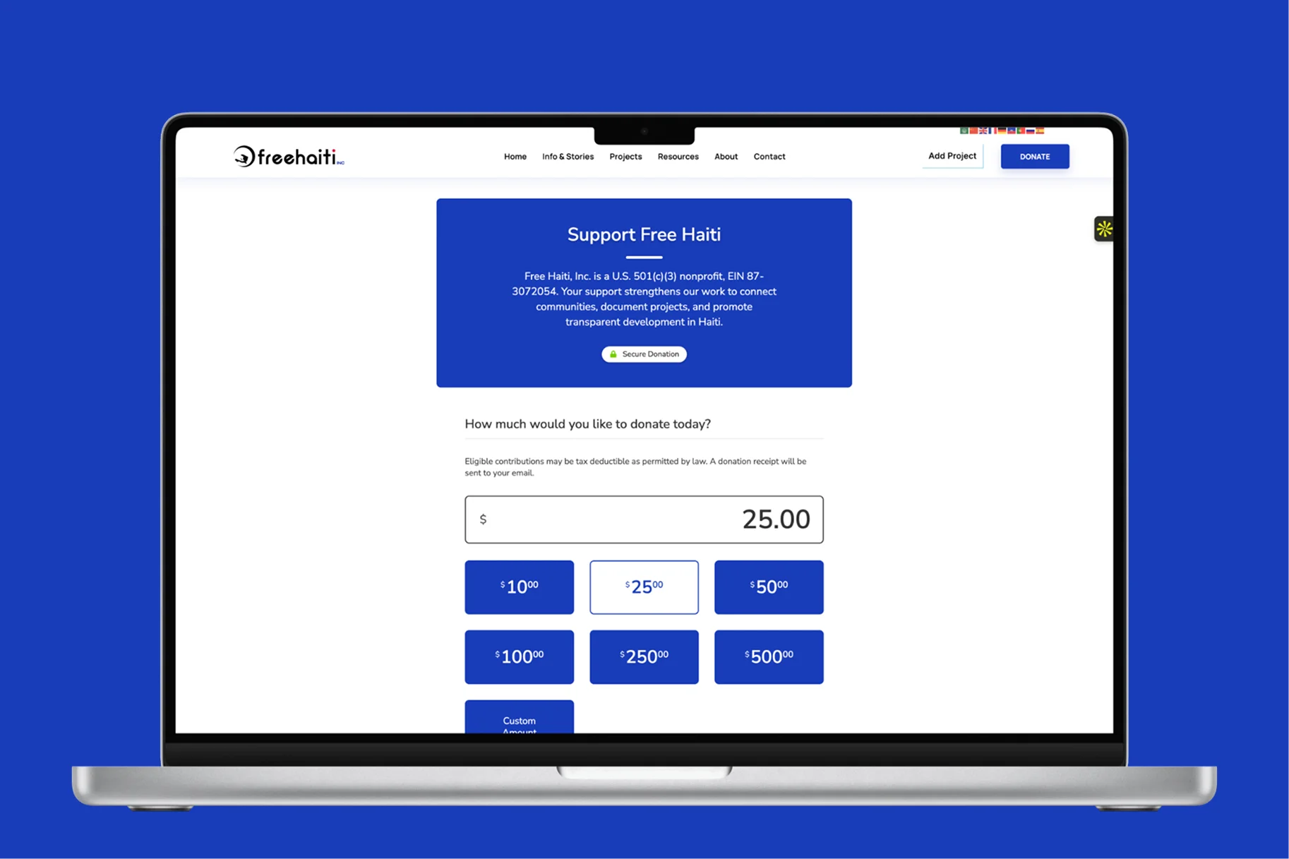 Free Haiti donation page with preset amounts and a custom contribution option in a laptop mockup