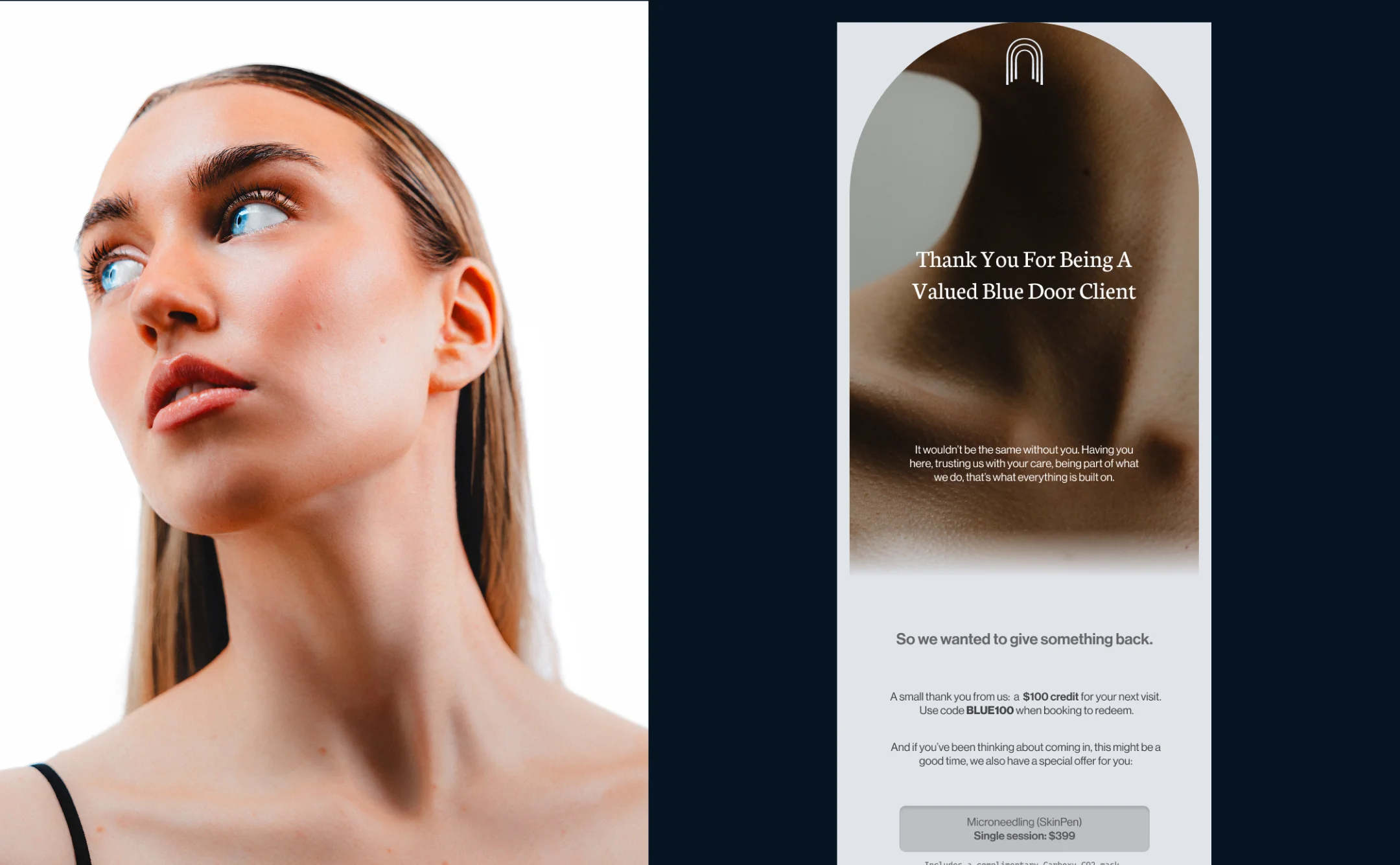 Blue Door Med client appreciation email beside a studio beauty portrait on a dark navy background
