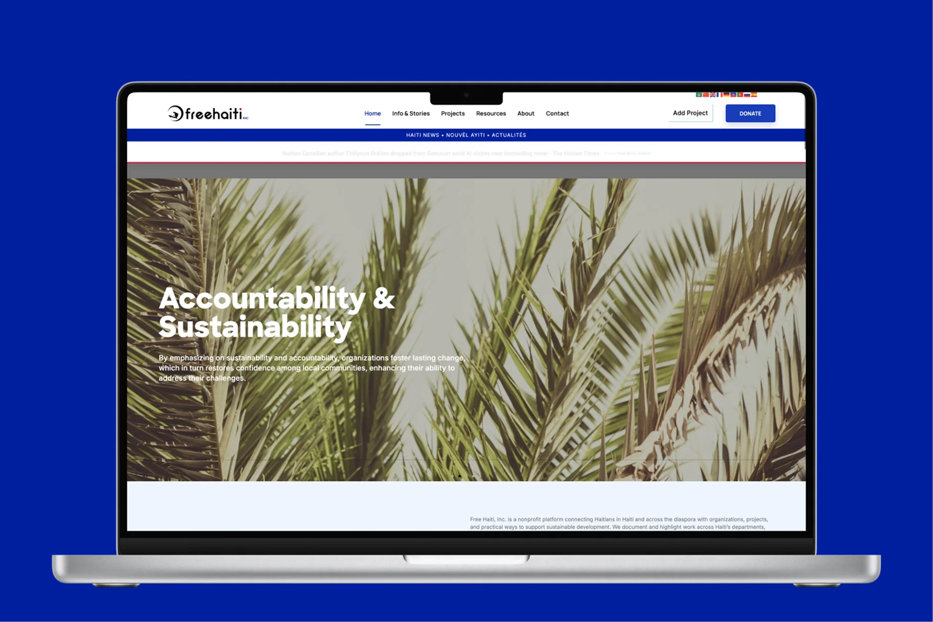 Free Haiti homepage displayed in a laptop mockup on a deep blue background