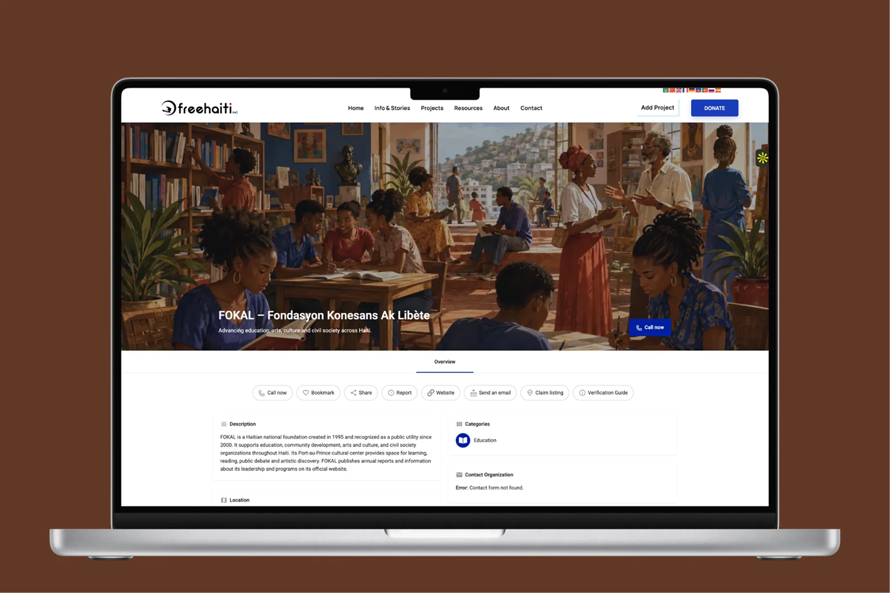 Free Haiti organization profile for FOKAL with a cover image, overview and contact actions in a laptop mockup