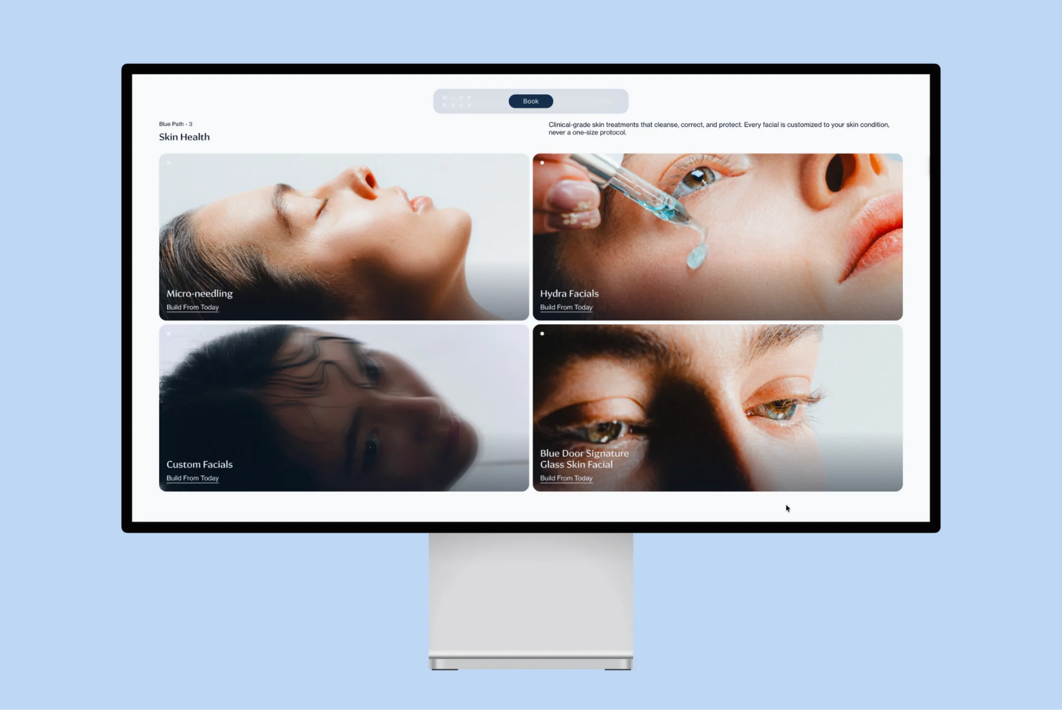 Blue Door Med skin-health treatment grid displayed on a desktop monitor against a pale blue background