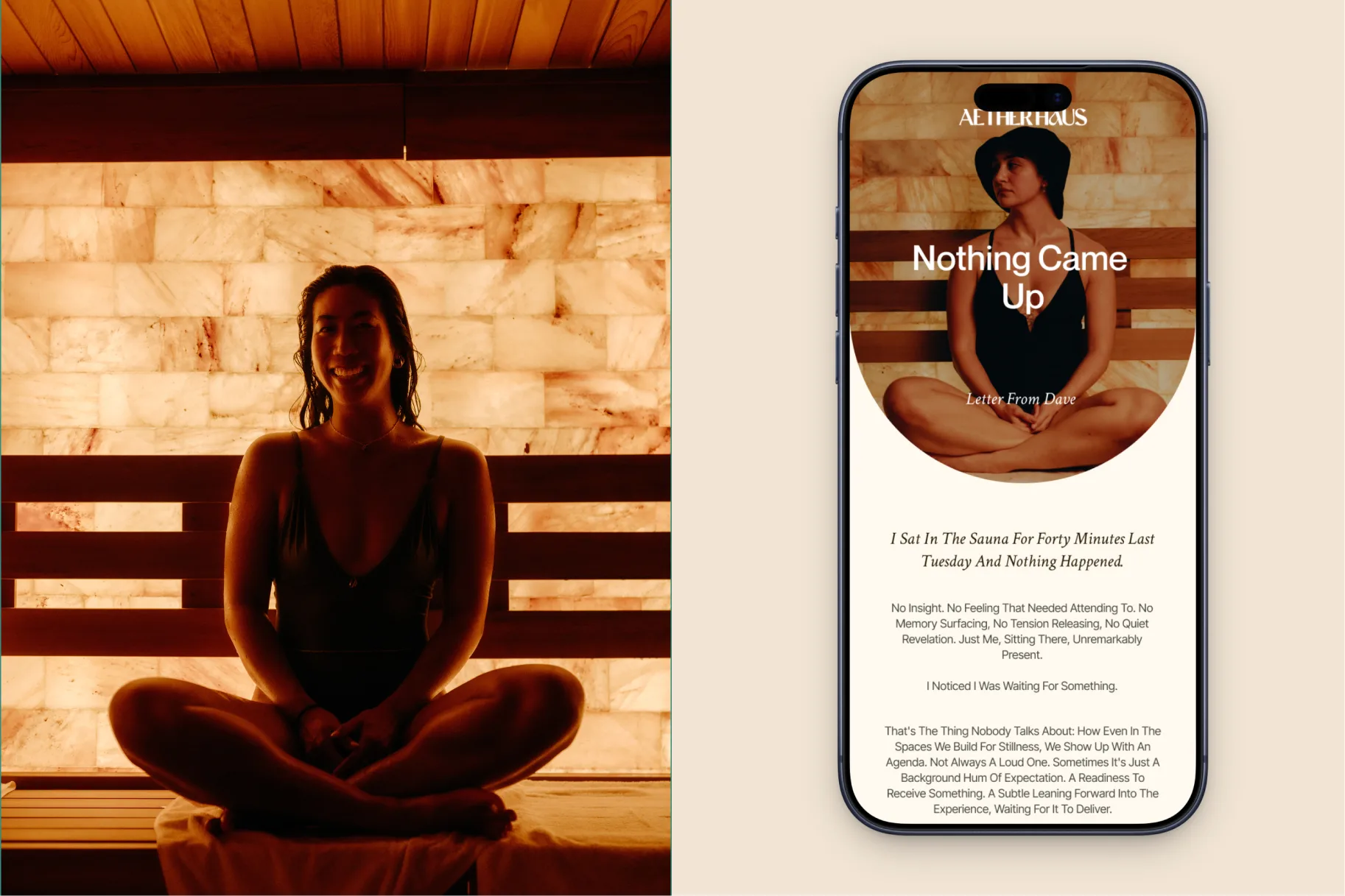 AetherHaus editorial email displayed beside a portrait of a woman seated in the sauna