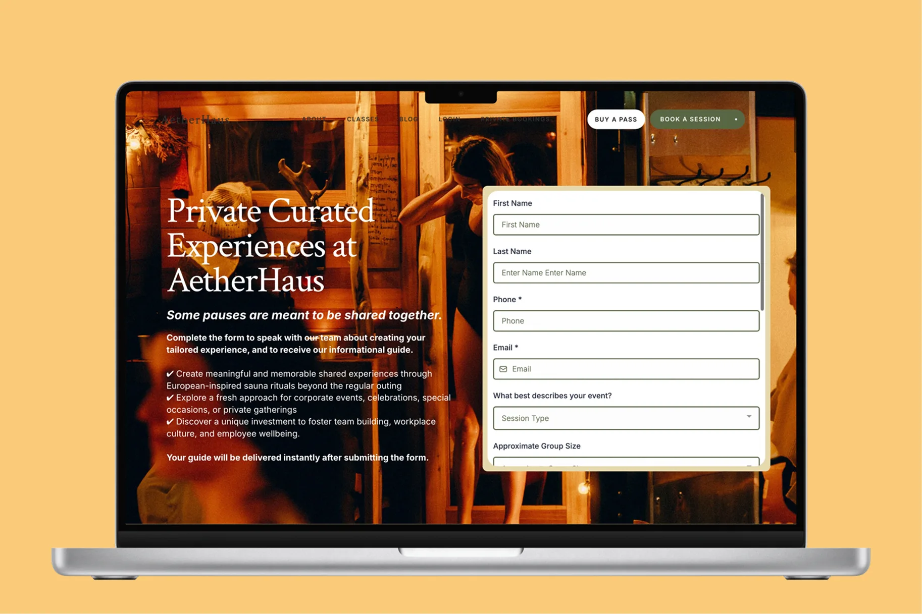 AetherHaus private experience booking page presented on a laptop against a warm gold background