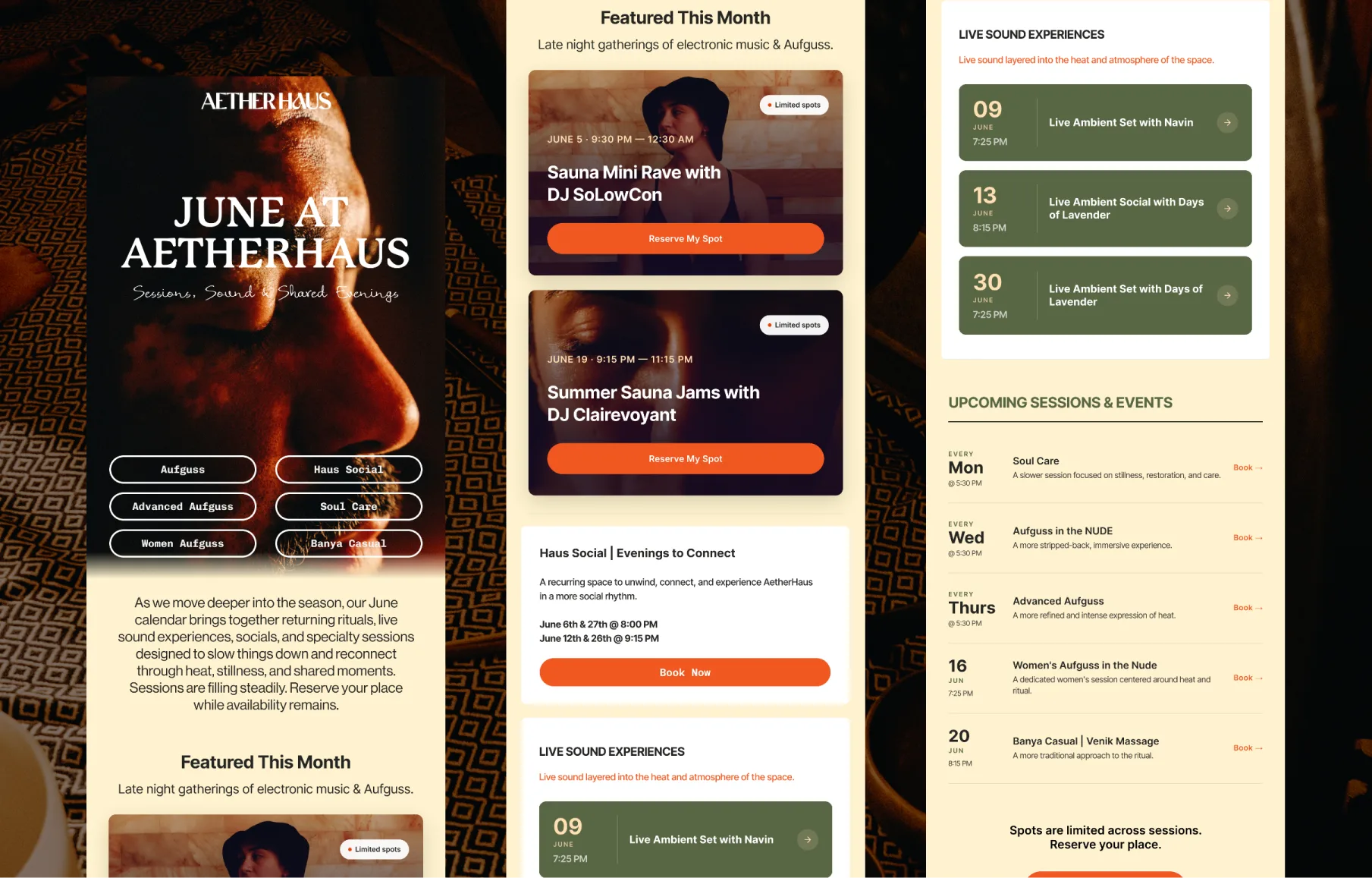 Three-column AetherHaus June email design showing seasonal events and booking calls to action