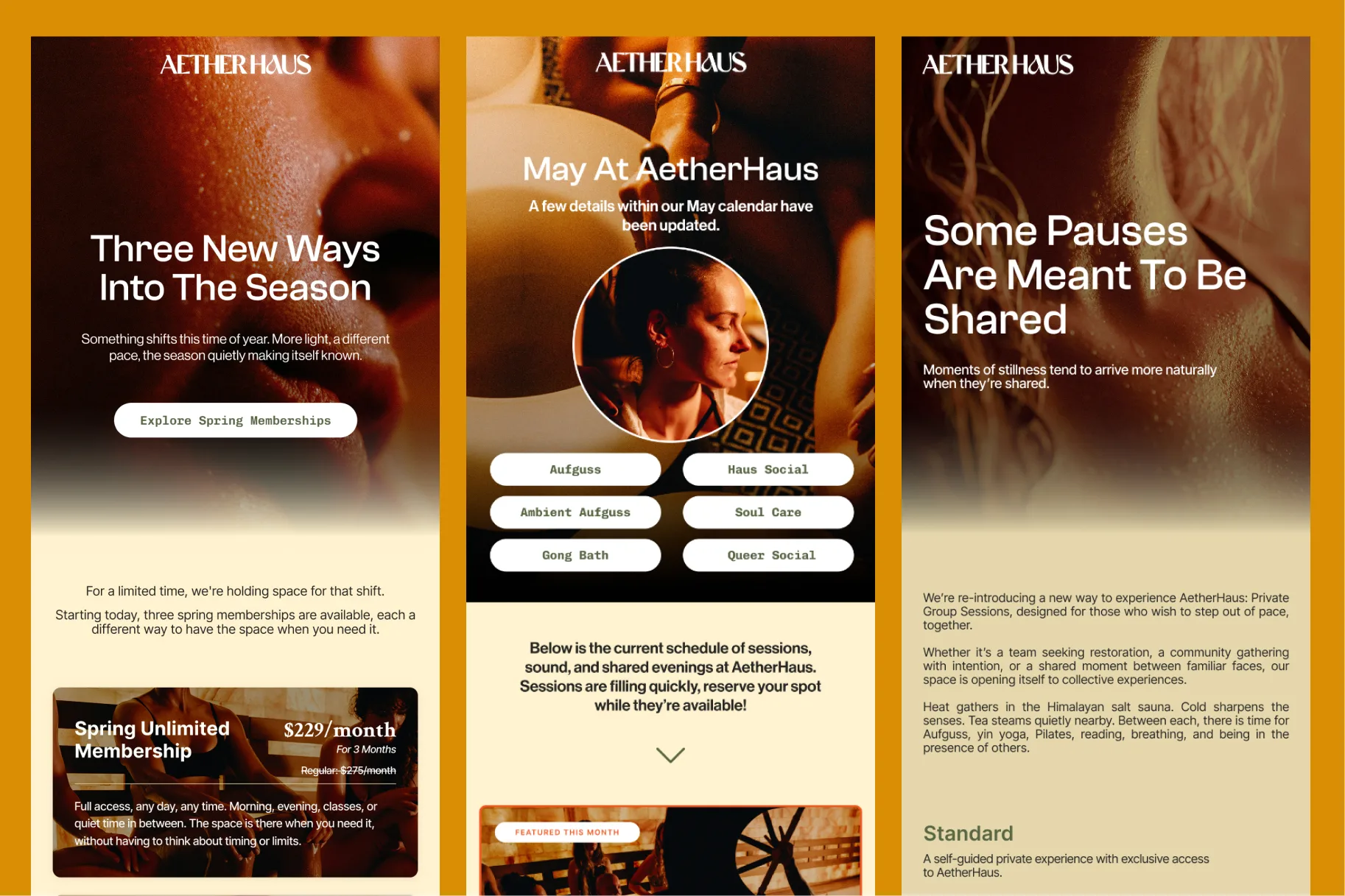 Three AetherHaus seasonal email campaigns featuring membership, calendar and private session content