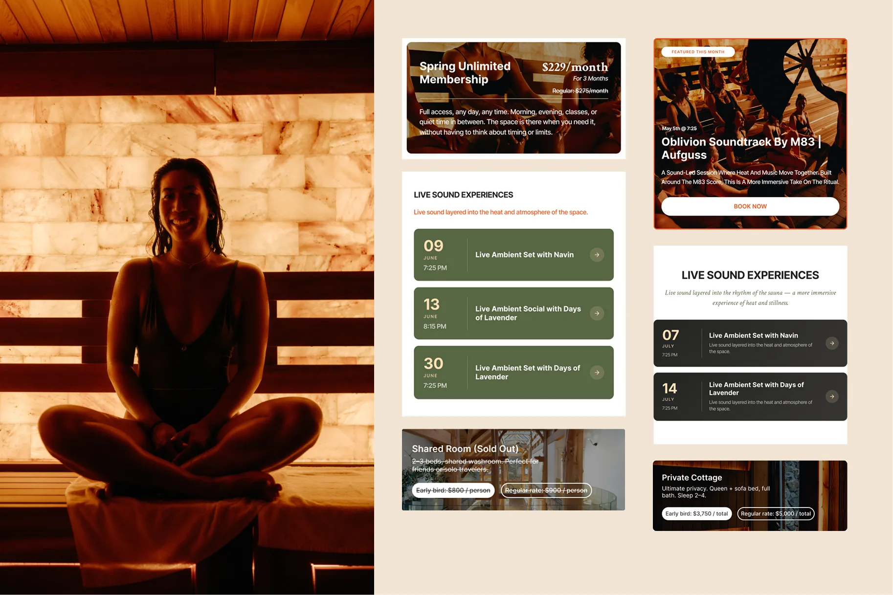 AetherHaus campaign modules arranged beside a warm sauna portrait