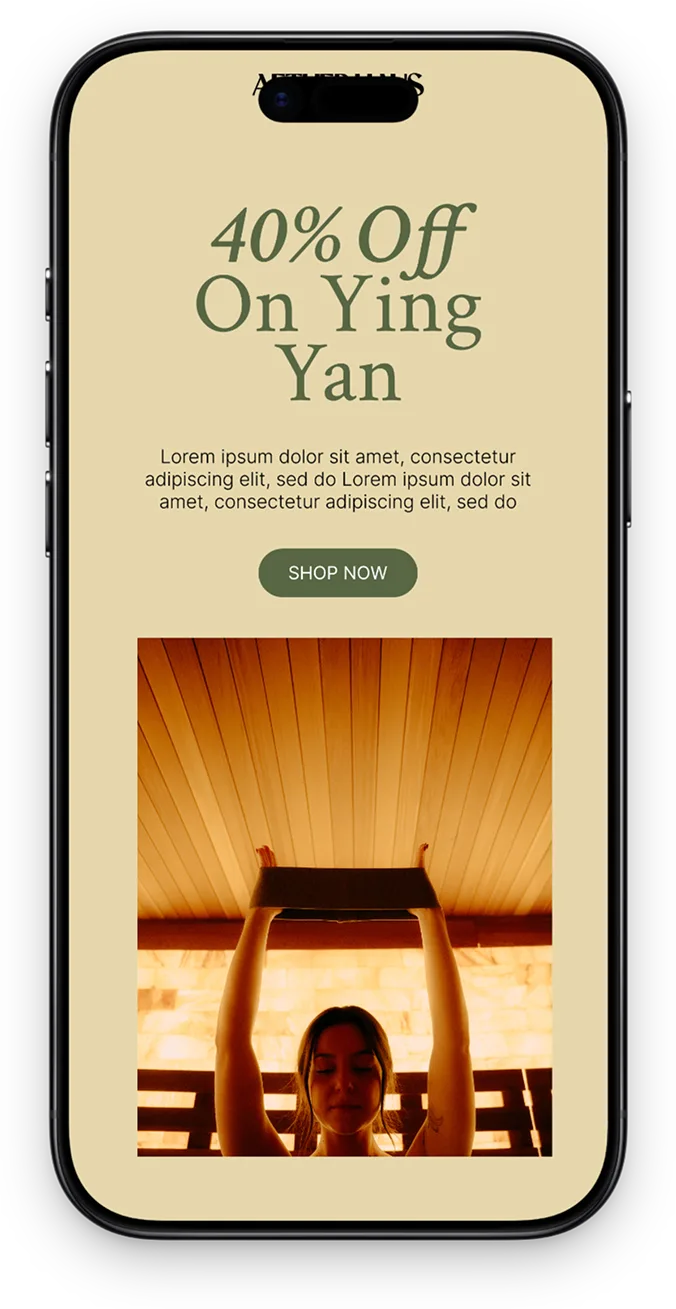 AetherHaus promotional email featuring a 40% offer, displayed in an iPhone mockup