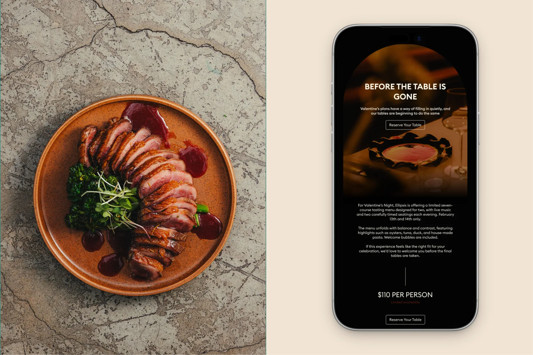 A plated duck dish beside an iPhone displaying the Ellipsis Valentine’s dining email.