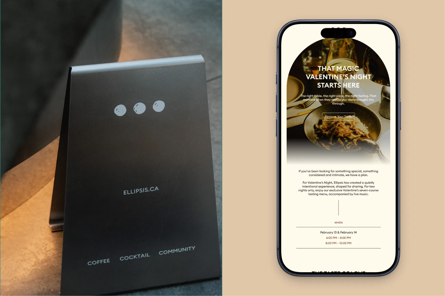 Ellipsis branded menu beside an iPhone displaying a cream Valentine’s dining email with food photography, a reservation button and seating times.